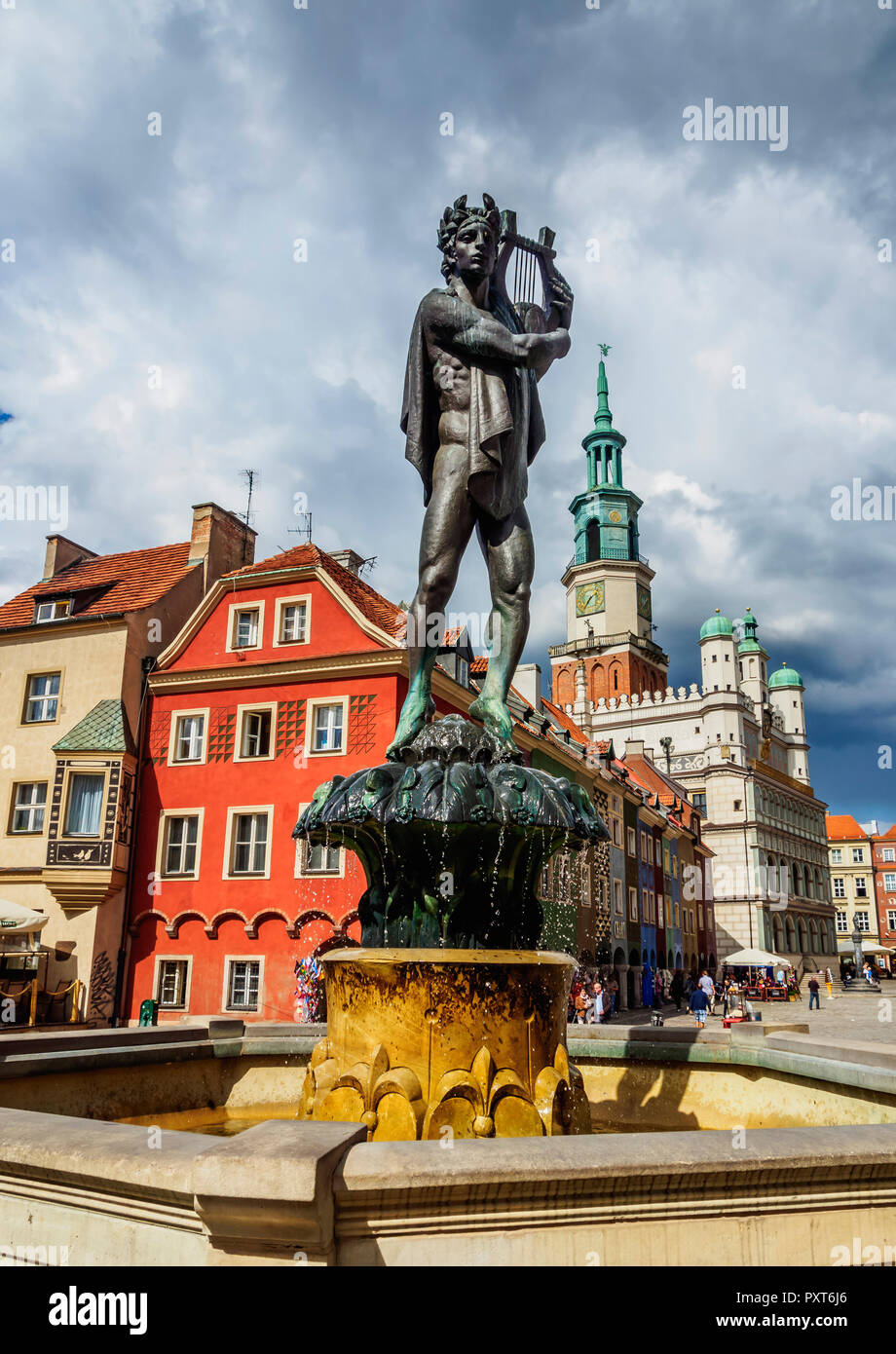 Fuente de Apolo y el Ayuntamiento, la plaza del mercado, la Ciudad Vieja, Poznan, Polonia mayor, Polonia Foto de stock