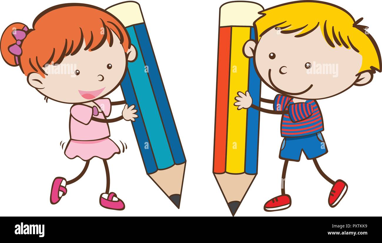Niño y niña escribiendo con gran ilustración lápices Imagen Vector de