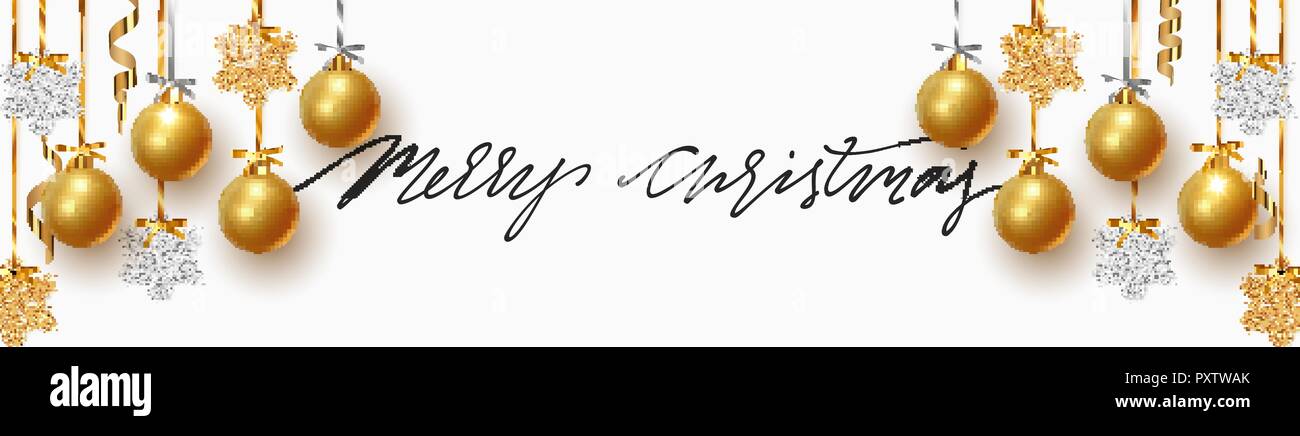 Diseño de banner, Navidad bolas de navidad con lentejuelas de oro snowflake  colgando de la cinta de opciones. Carteles de Navidad, Tarjetas de  felicitación, cabeceras web Imagen Vector de stock - Alamy