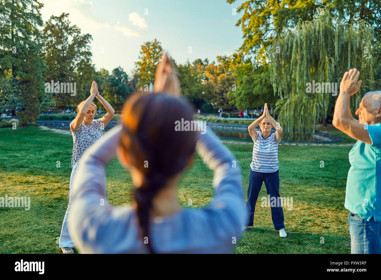 Grupo de personas practicando Tai chi en el parque Foto de stock