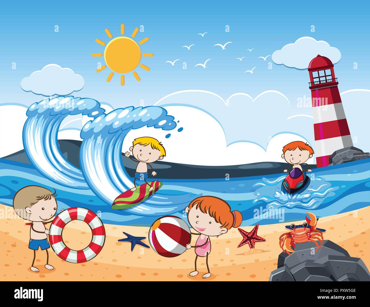 Los Ni os Con Actividades En La Playa En D a Soleado Ilustraci n Imagen los-ni-os-con-actividades-en-la-playa-en-d-a-soleado-ilustraci-n-imagen
