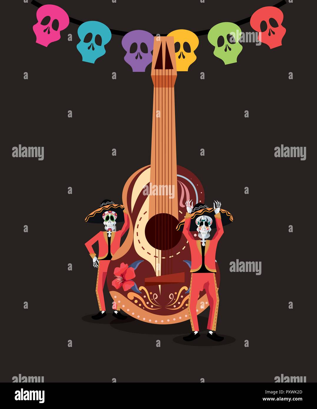 Ilustración de Cartel Del Día Muerto Calaveras Decorativas Guitarra Y Velas  Y Pimienta Picante Corazón Y Flores Fondo Vectorial De Dia De Los Muertos  Mexicano y más Vectores Libres de Derechos de