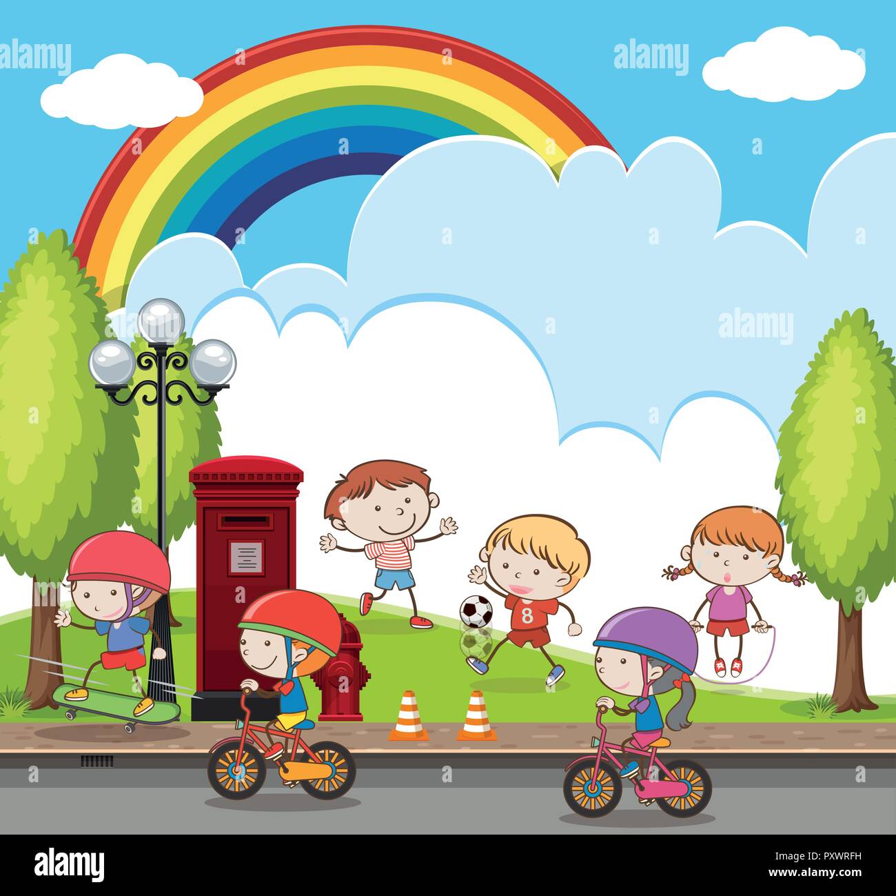 Muchos niños montando bicicleta y jugando al fútbol en el parque  ilustración Imagen Vector de stock - Alamy
