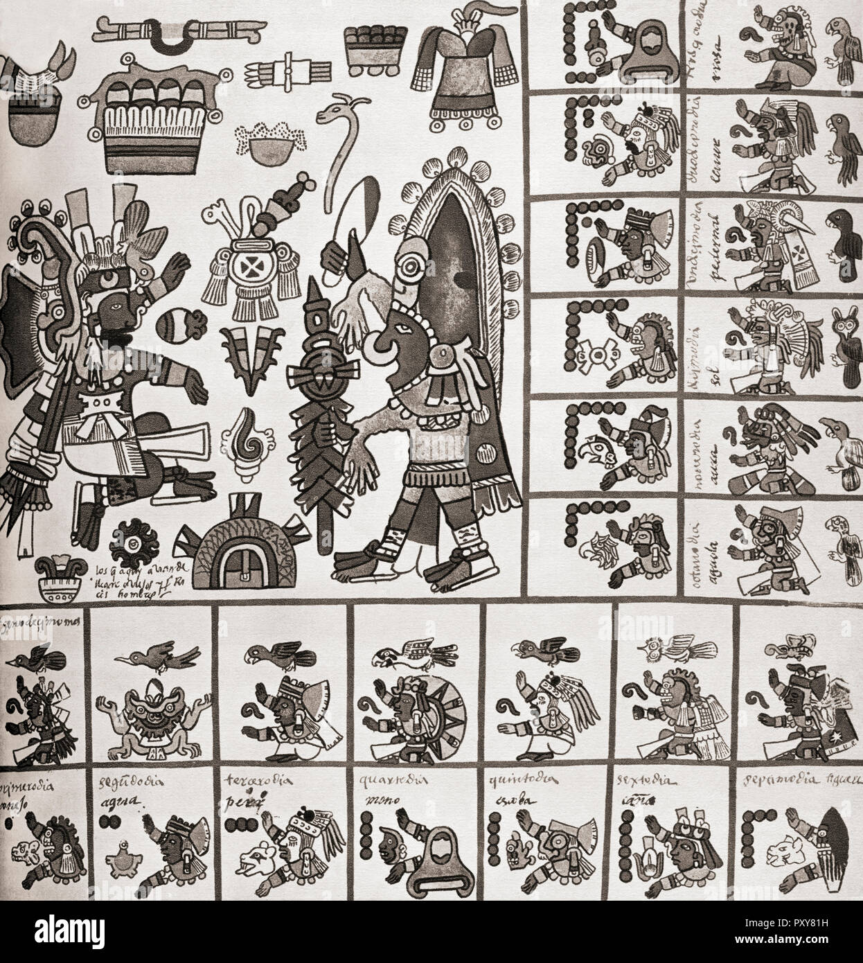 Detalle de una fascimile copia del Codex Borbonicus. El Codex Borbonicus es un códice Azteca escrito por sacerdotes Azteca poco antes o poco después de la conquista española de México en el siglo XVI. Foto de stock