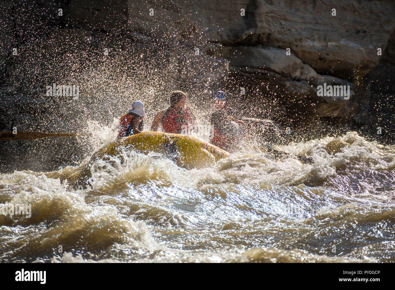 Hombres y mujeres de rafting en el río Verde precipitándose en desolación Canyon, Utah, EE.UU. Foto de stock