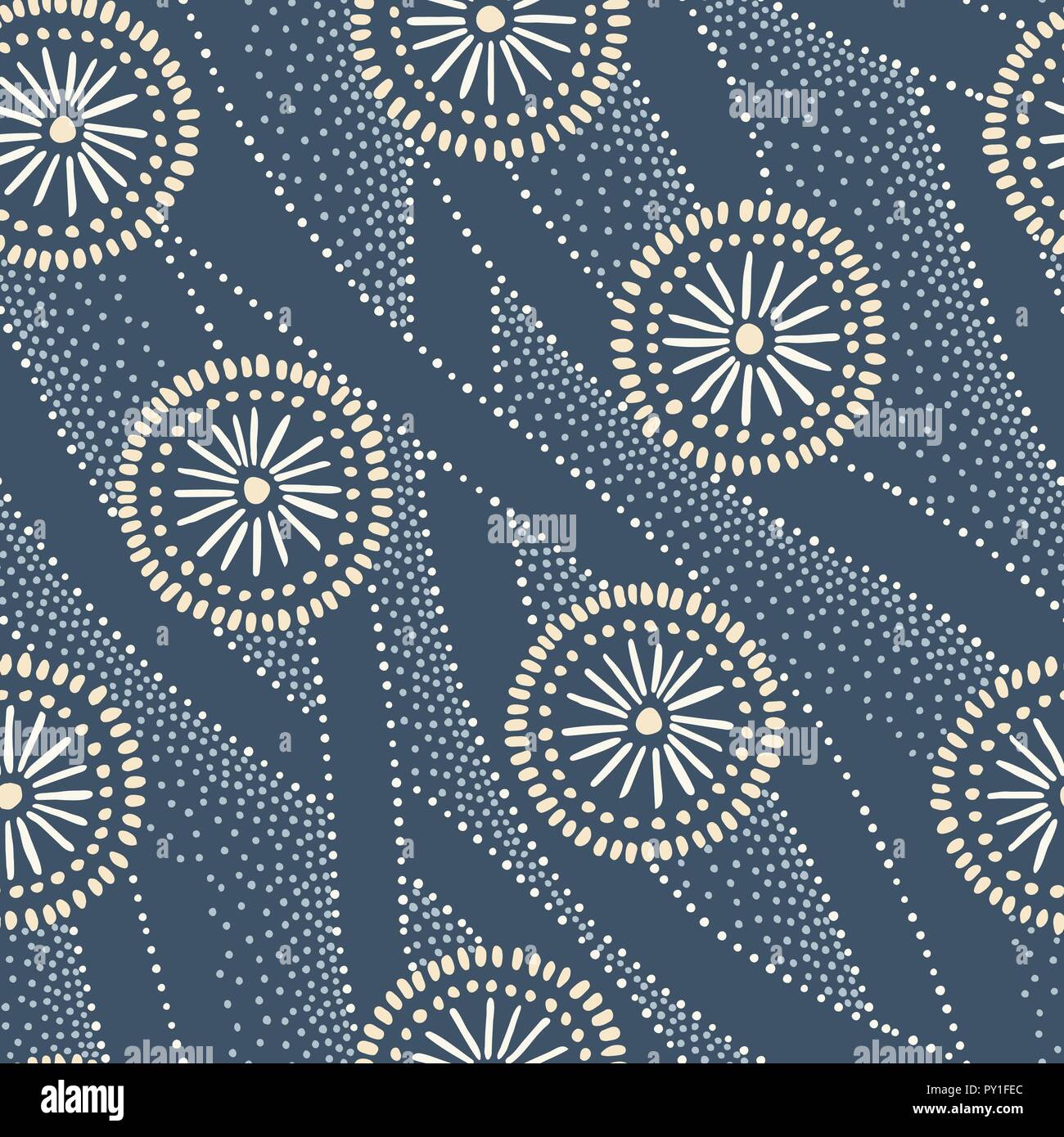 Indigo Hand-Drawn japonés textiles teñidos Vector patrón sin fisuras. Katazome Katagami círculos tradicionales y las olas de fondo. Resumen punteado marcas. Ilustración del Vector