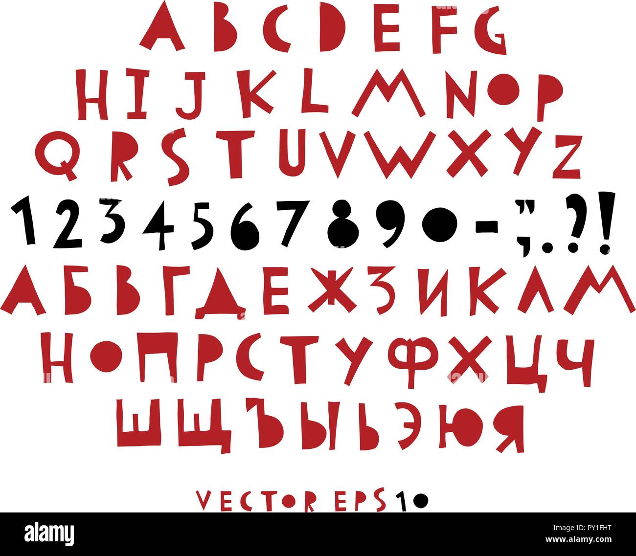 Vector alfabeto gracioso dibujados a mano. Cirílico, dibujados a mano letras latinas y números. Ilustración del Vector