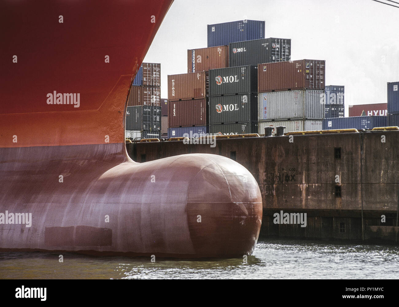 Eines Bug, contenedor gestapelte Containerschiffs am Kai Foto de stock