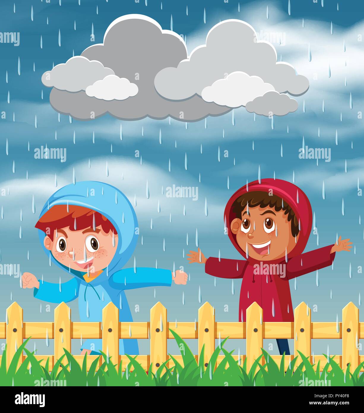 Dos niños jugando en la lluvia ilustración Imagen Vector de stock Alamy