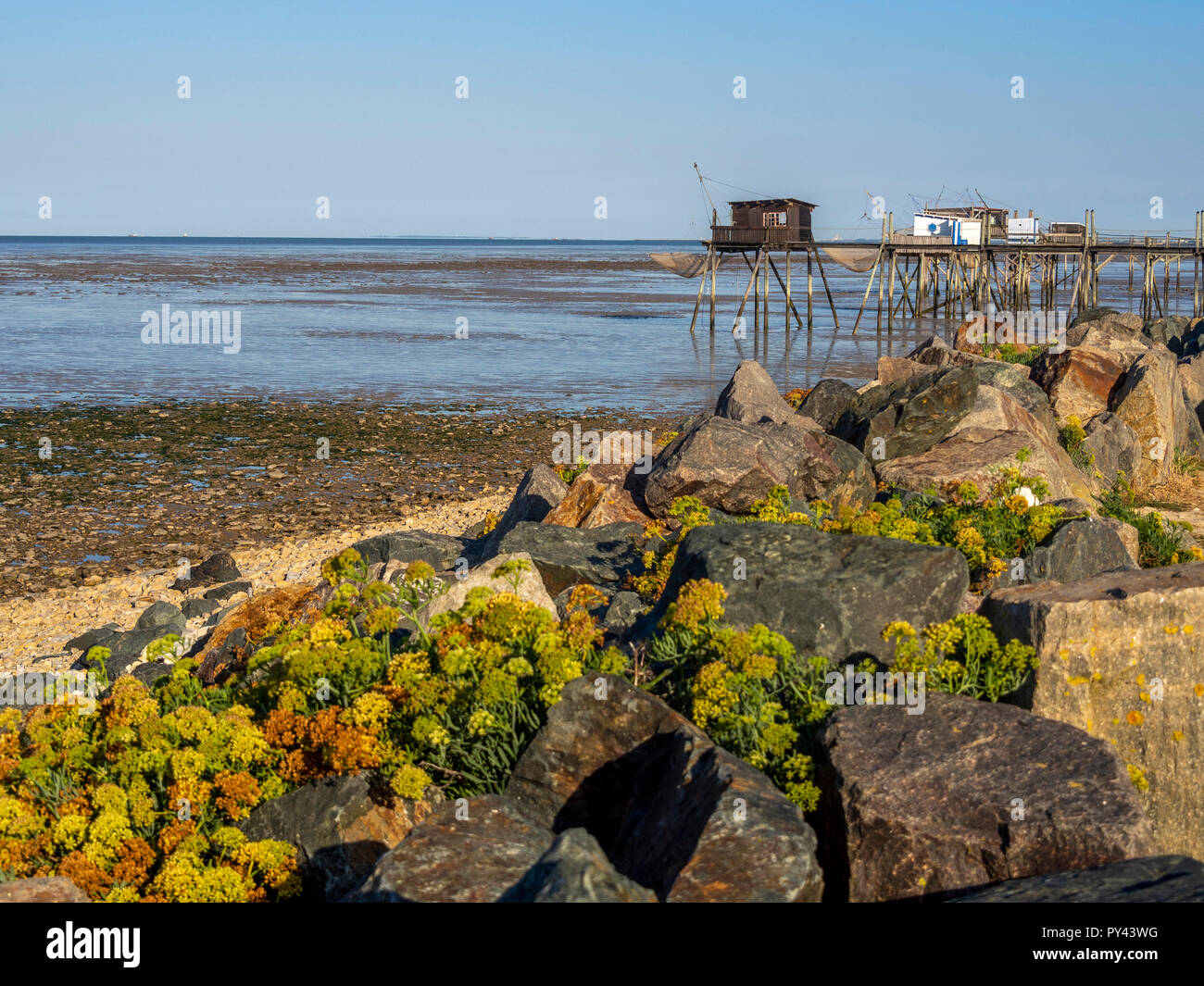La pesca tradicional cabañas sobre pilotes (carrelets) cerca de Châtelaillon-Plage, Charente Maritime, Nouvelle-Aquitaine, Francia Foto de stock
