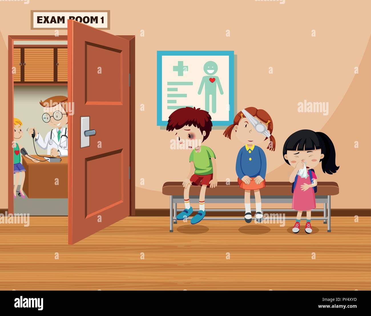 Los niños esperar delante de la sala de examen ilustración Imagen