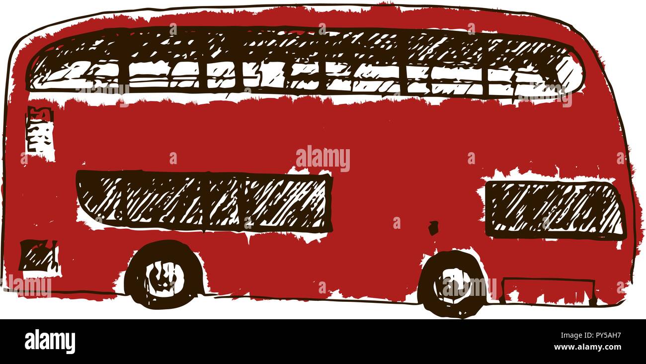 Un autobús londinense tradicional rojo brillante aislados. Estilo boceto tinta de bolígrafo. Concepto de logotipo, etiquetas, banner, publicidad, impresiones, la envoltura, la decoración, el pac Ilustración del Vector