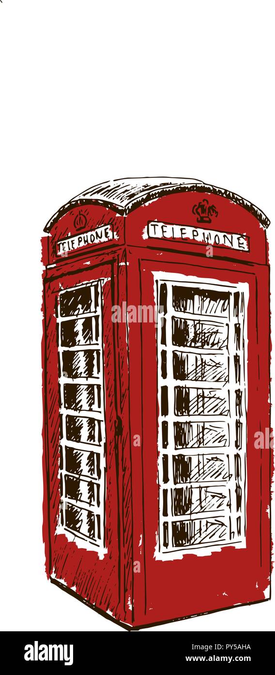 Cuadro teléfono rojo. Llame al cuadro aislado de Londres. Estilo boceto tinta de bolígrafo. Concepto de logotipo, etiquetas, banner, publicidad, impresiones, envolver, decoración, Pack Ilustración del Vector