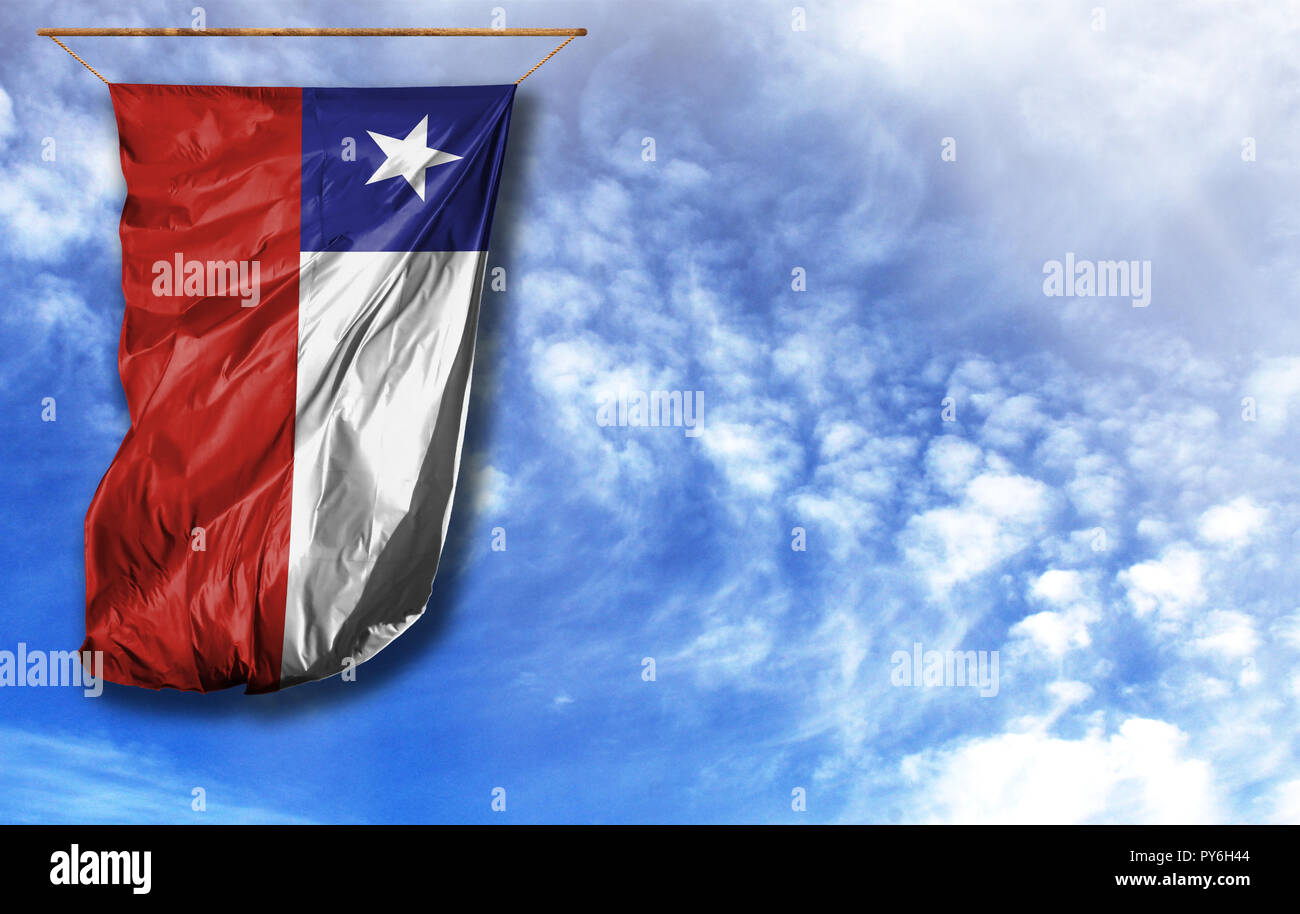 Bandera de Chile. Vertical bandera, contra el cielo azul con lugar para