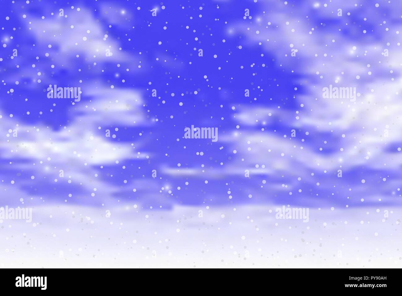 Colorida ilustración vectorial de azul cielo nublado con la caída de nieve Ilustración del Vector