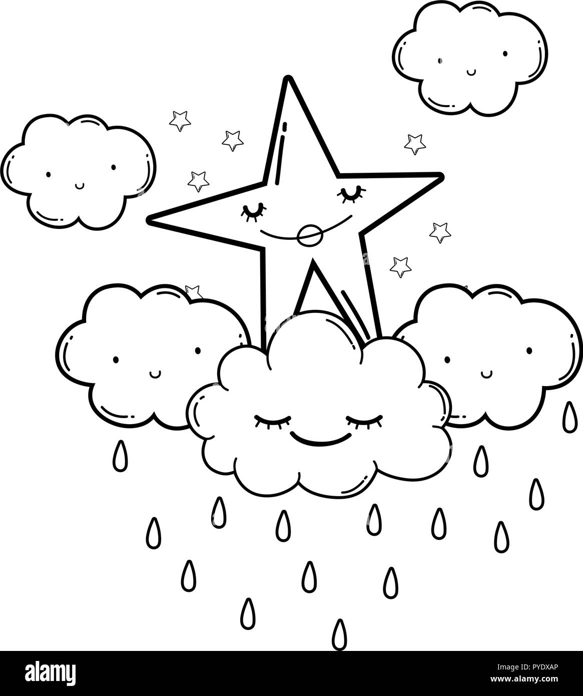 Nubes Y Estrellas Cute Dibujos Animados En Blanco Y Negro Imagen Vector De Stock Alamy