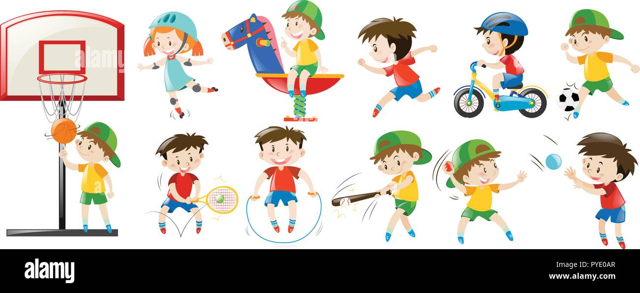 Regresa Calma digestión Niños jugando diferentes deportes y juegos ilustración Imagen Vector de  stock - Alamy