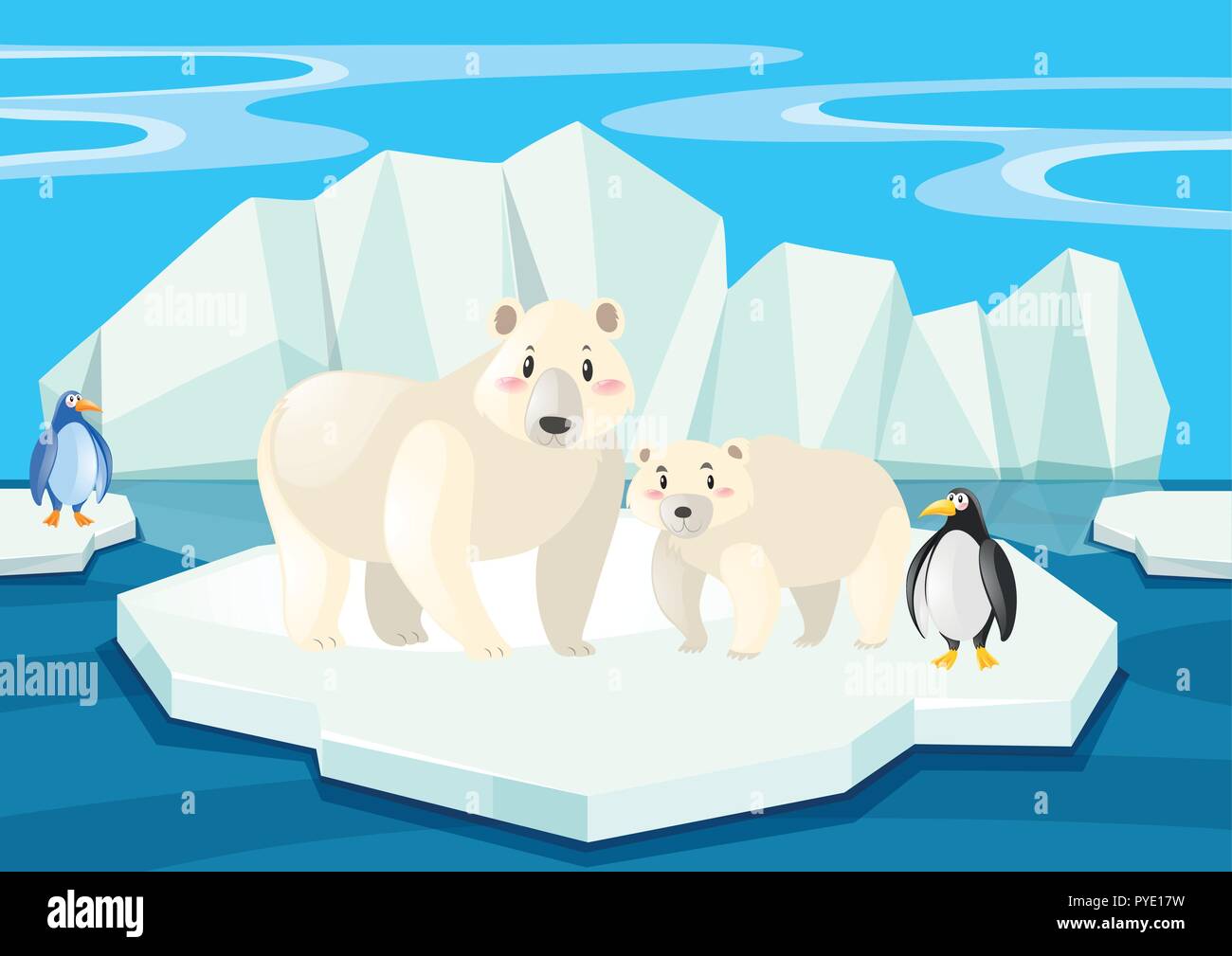 Los osos polares y los pingüinos en el hielo ilustración Ilustración del Vector