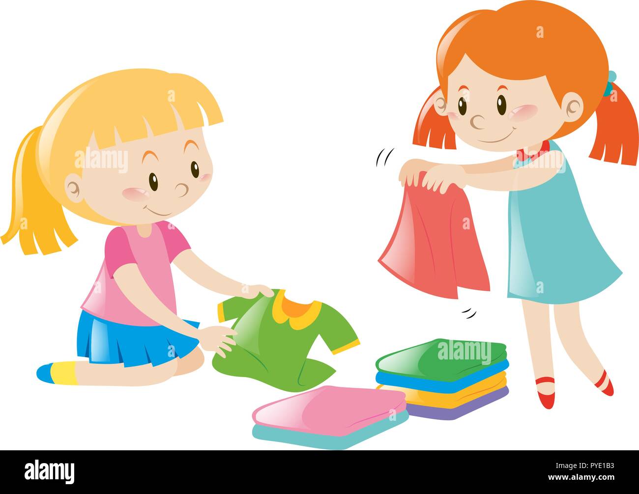 Dos niñas doblar ropa ilustración Imagen Vector de stock - Alamy