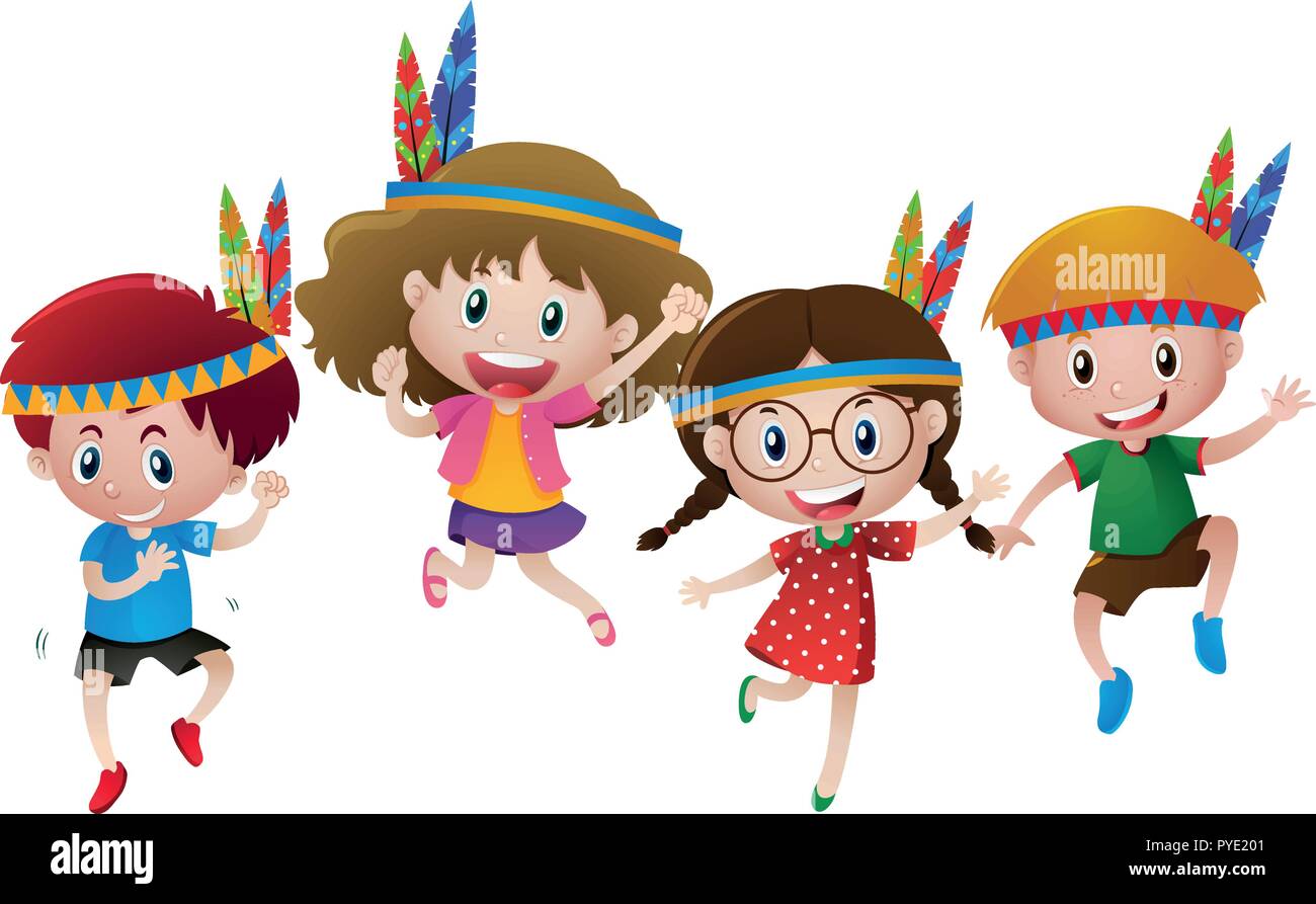 Cuatro niños vestidos de indios ilustración diadema Imagen Vector de stock  - Alamy