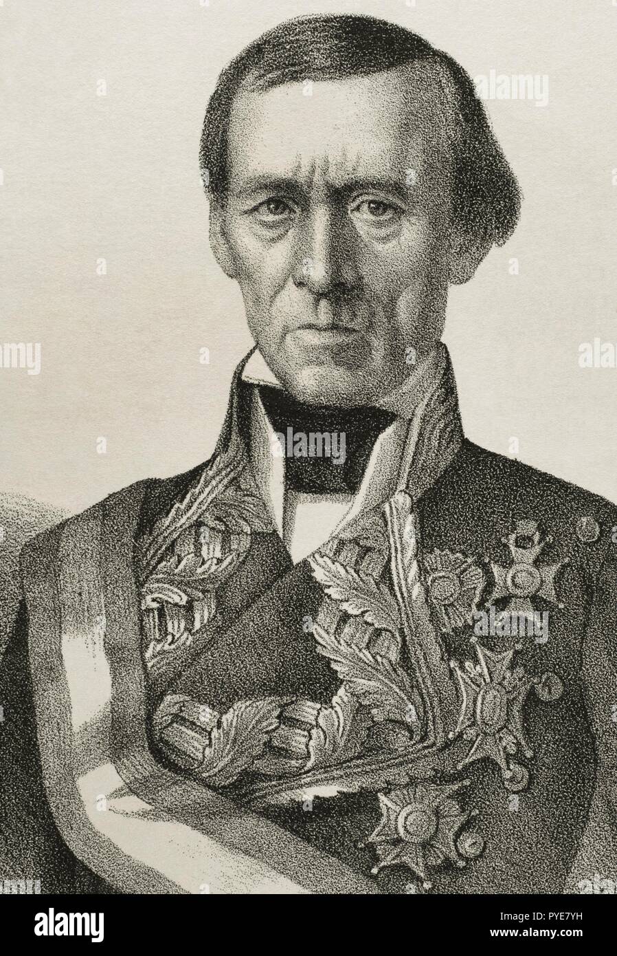 José Manso y Solá (Borredà, 1785-Madrid, 1863). Militar español del ejército de Fernando VII e Isabel II. Dibujo por llanta. Detalle. Litografía. Crónica General de España, historia ilustrada y descriptiva de sus provincias. Cataluña, 1866. Biblioteca Histórico Militar de Barcelona. Cataluña, España. Foto de stock