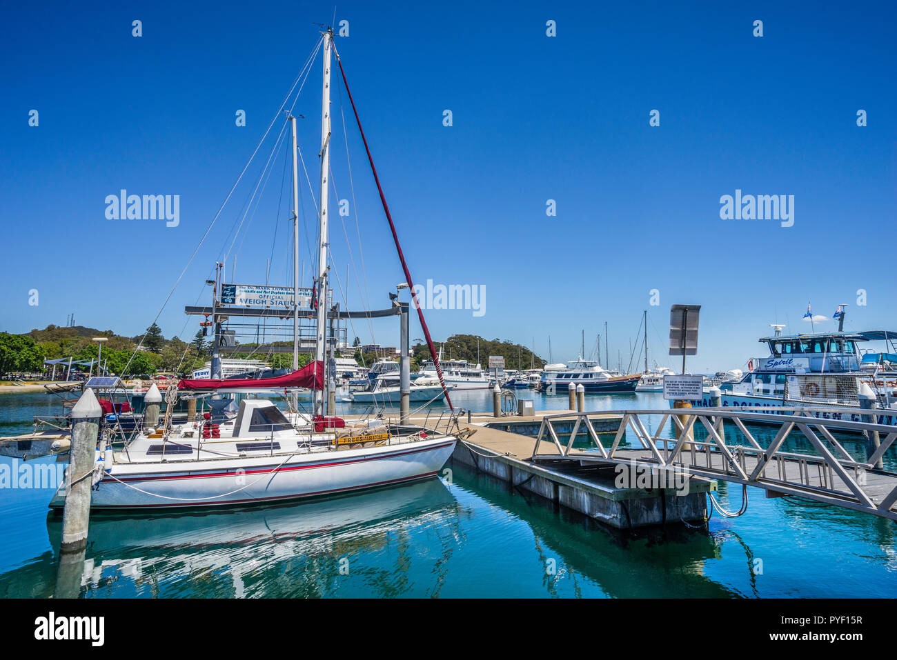 Barcos amarrados en la marina de Nelson Bay, Port Stephens, la Región de Hunter, Nueva Gales del Sur, Australia Foto de stock