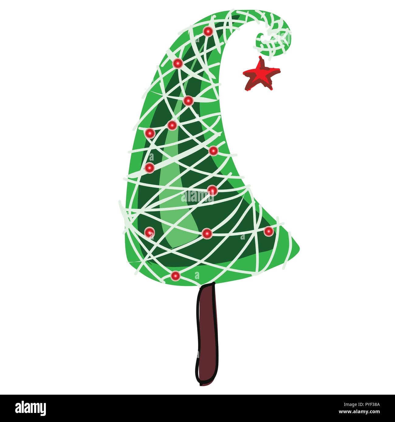 Cartoon topiary en la forma de un árbol de Navidad con cono de chucherías. Bosquejo para la tarjeta de felicitación navideña, póster o invitaciones a fiestas.Los atributos de Navidad y Año Nuevo. Ilustración vectorial. Ilustración del Vector