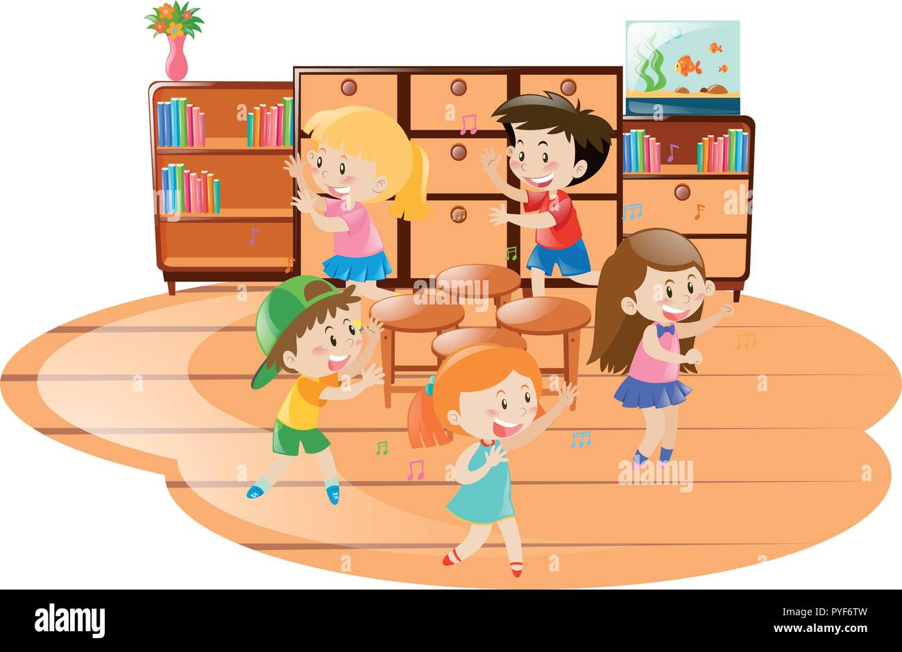 Niños jugando a las sillas musicales en el aula ilustración Imagen Vector  de stock - Alamy
