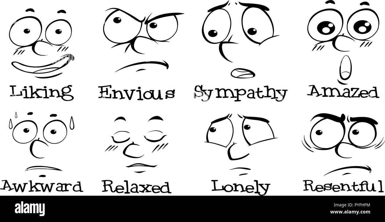 Las diferentes expresiones de rostro humano con palabras ilustración Ilustración del Vector