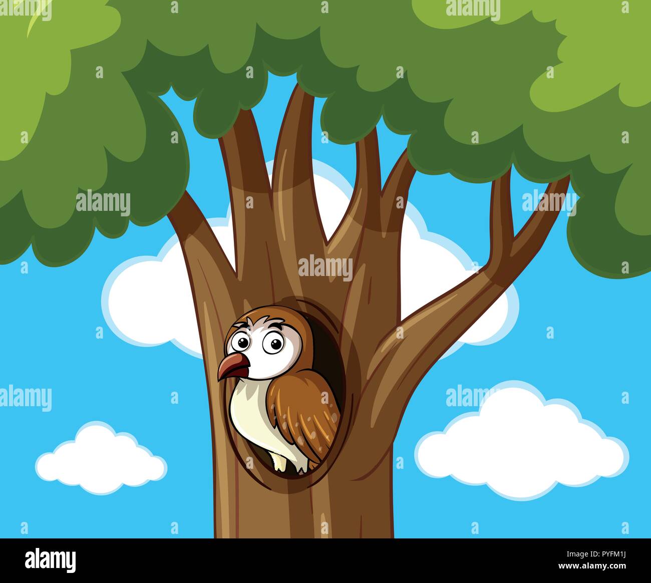 Búho de cejas en la ilustración del árbol hueco Ilustración del Vector