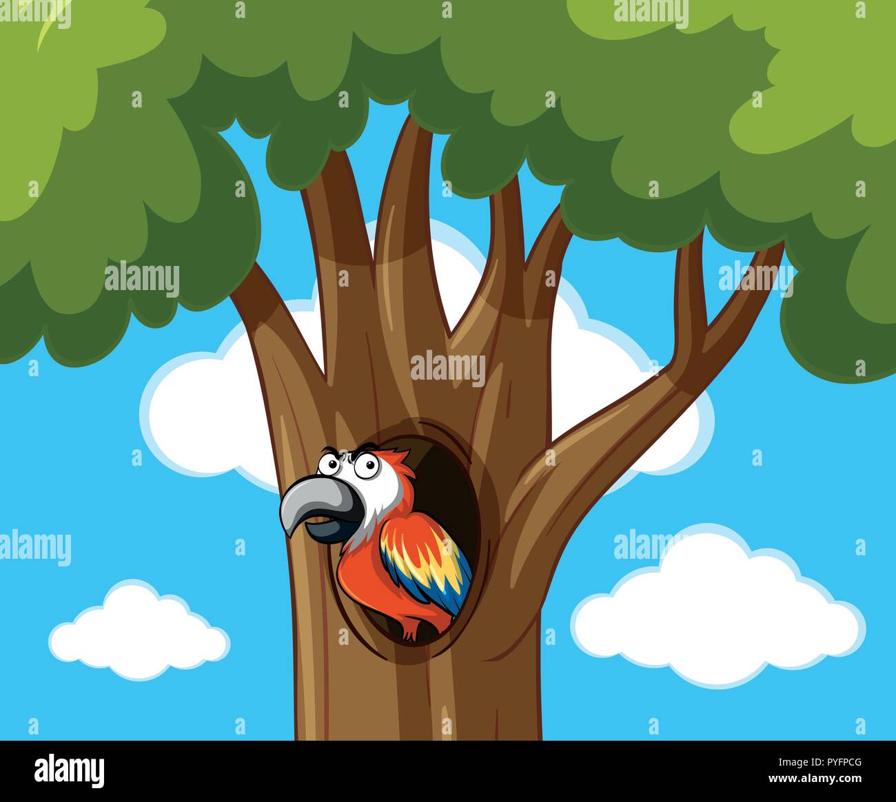 Parrot bird en la ilustración del árbol hueco Ilustración del Vector