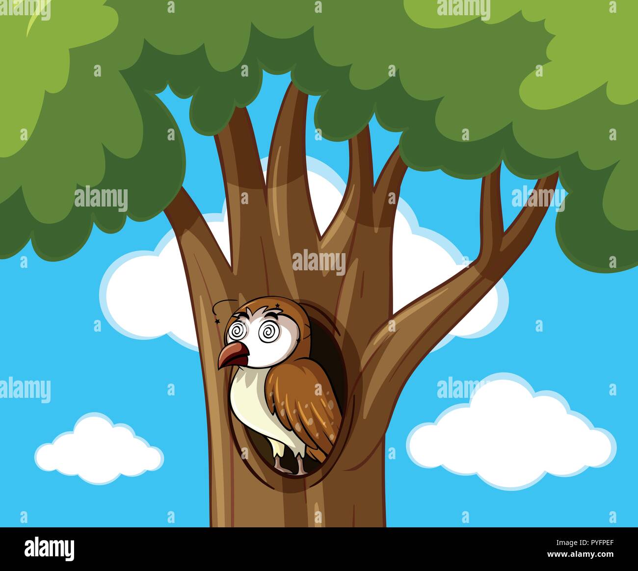 Dizzy owl en ilustración de árbol hueco Ilustración del Vector