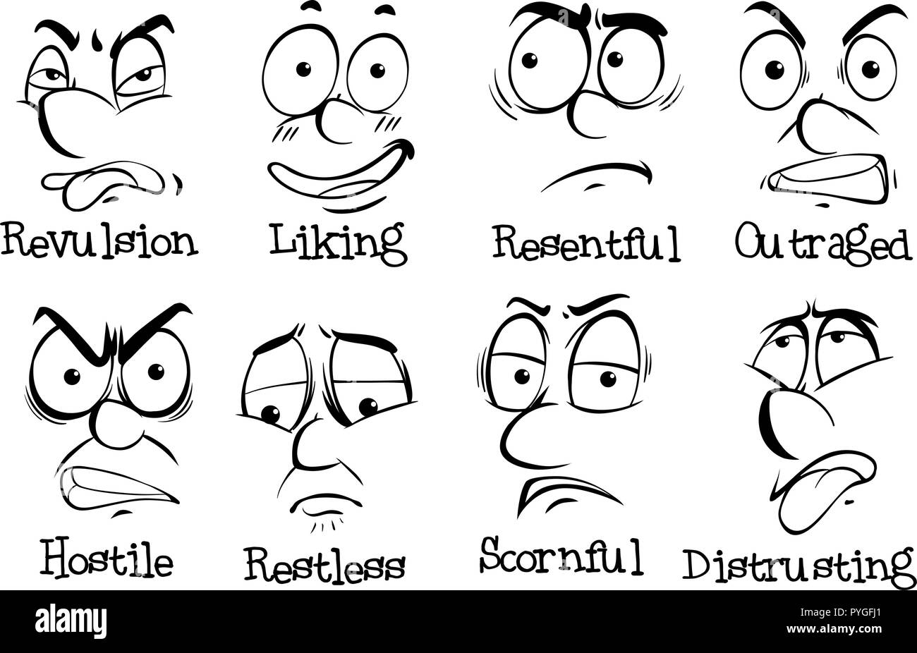 Ocho diferentes expresiones en rostros humanos ilustración Ilustración del Vector