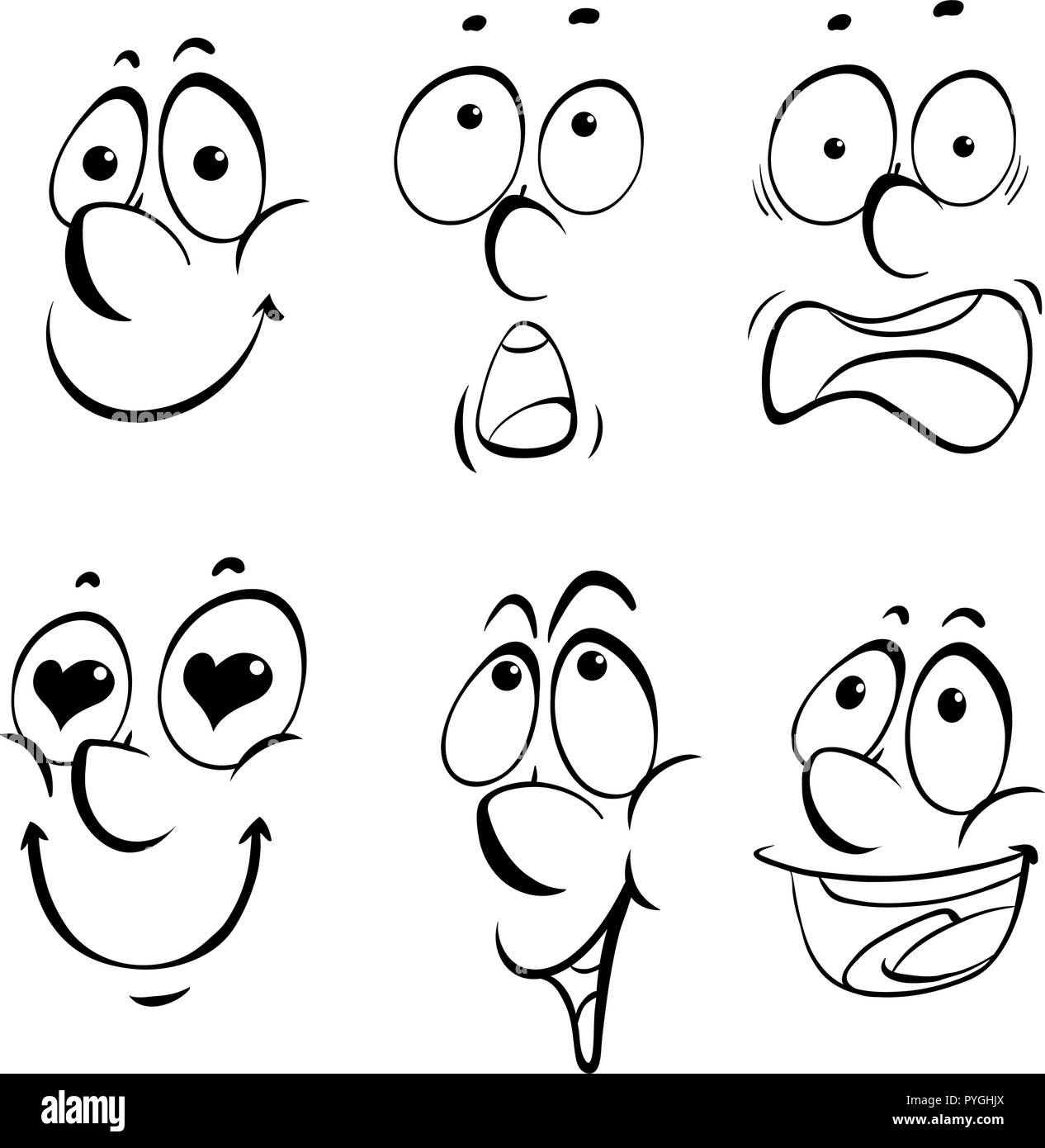 Las diferentes expresiones faciales ilustración sobre fondo blanco. Ilustración del Vector
