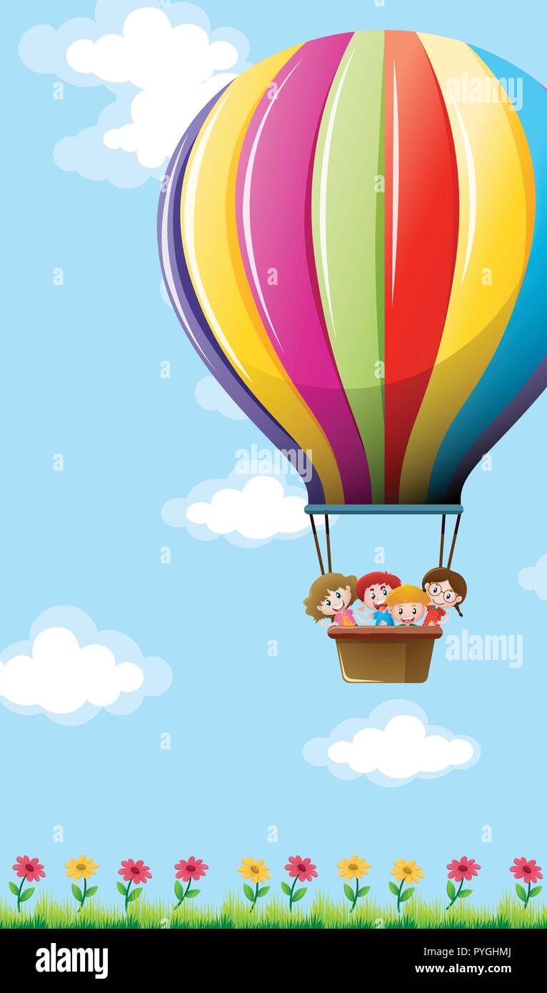 Muchos niños de volar en globo colorida ilustración Ilustración del Vector