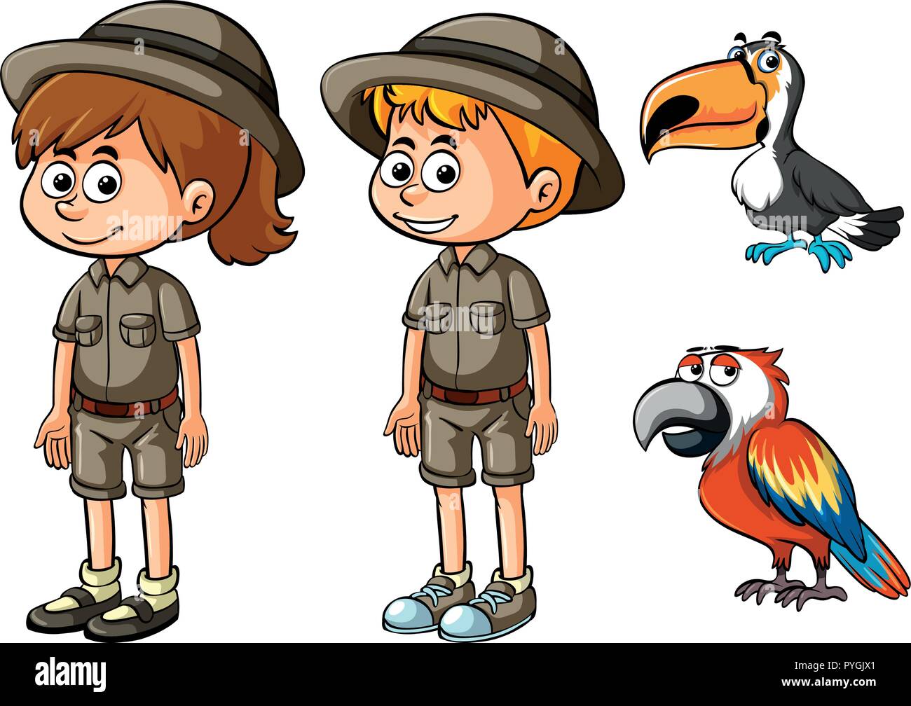 Los niños en ropa de safari y dos aves ilustración Imagen Vector de stock -  Alamy