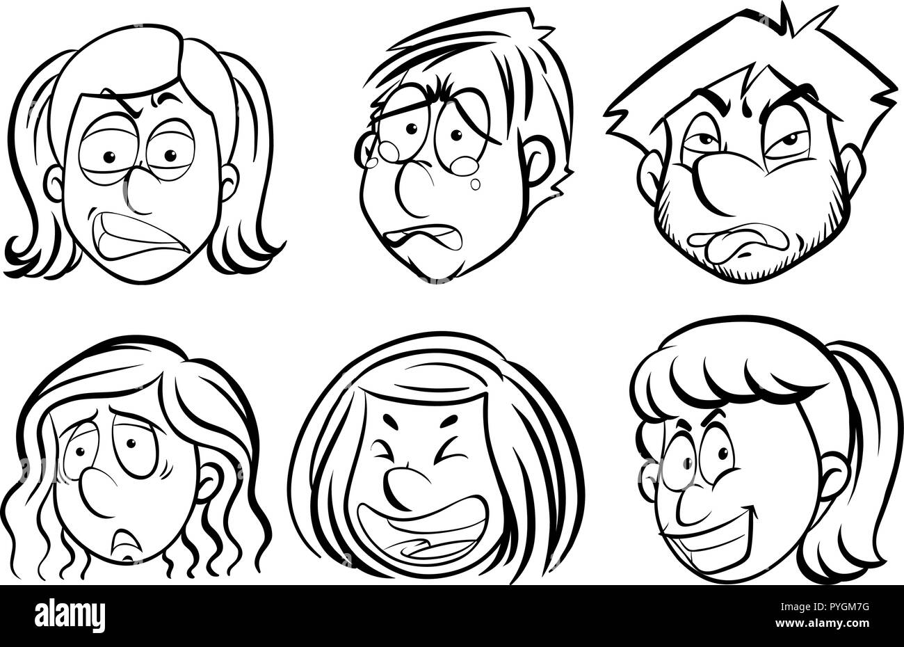 Rostros humanos con expresiones faciales ilustración Ilustración del Vector