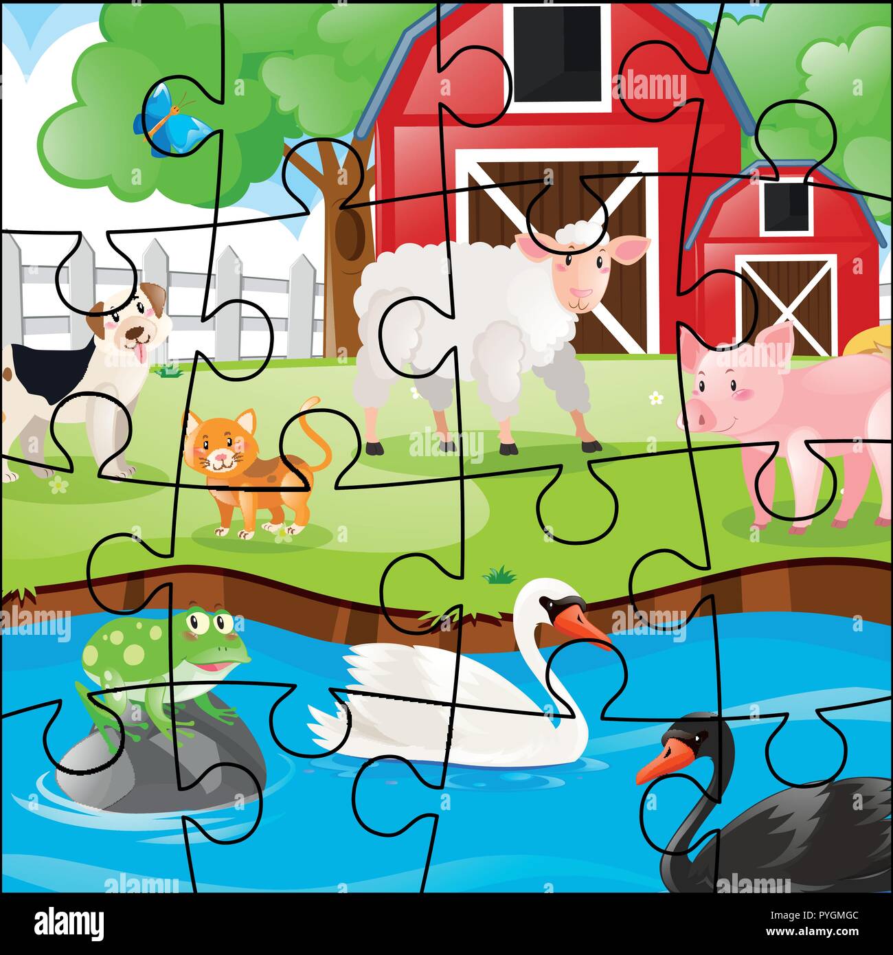 Autenticación papel recuerdos Piezas de rompecabezas de animales de la granja ilustración Imagen Vector  de stock - Alamy
