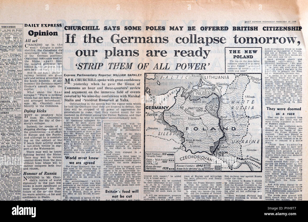 Diario Express mapa del periódico de Polonia Segunda Guerra Mundial "Si los alemanes colapsan mañana nuestros planes están listos" 28 de febrero de 1945 Londres Inglaterra Reino Unido Foto de stock