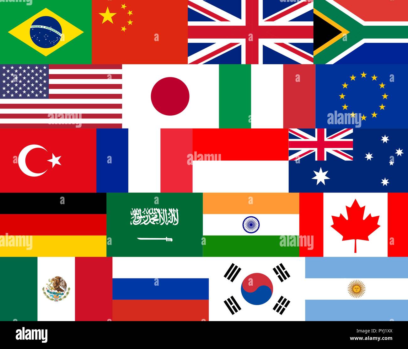 Conjunto de banderas vectoriales plana para todo el grupo de países del G20  tamaños y colores reales Imagen Vector de stock - Alamy