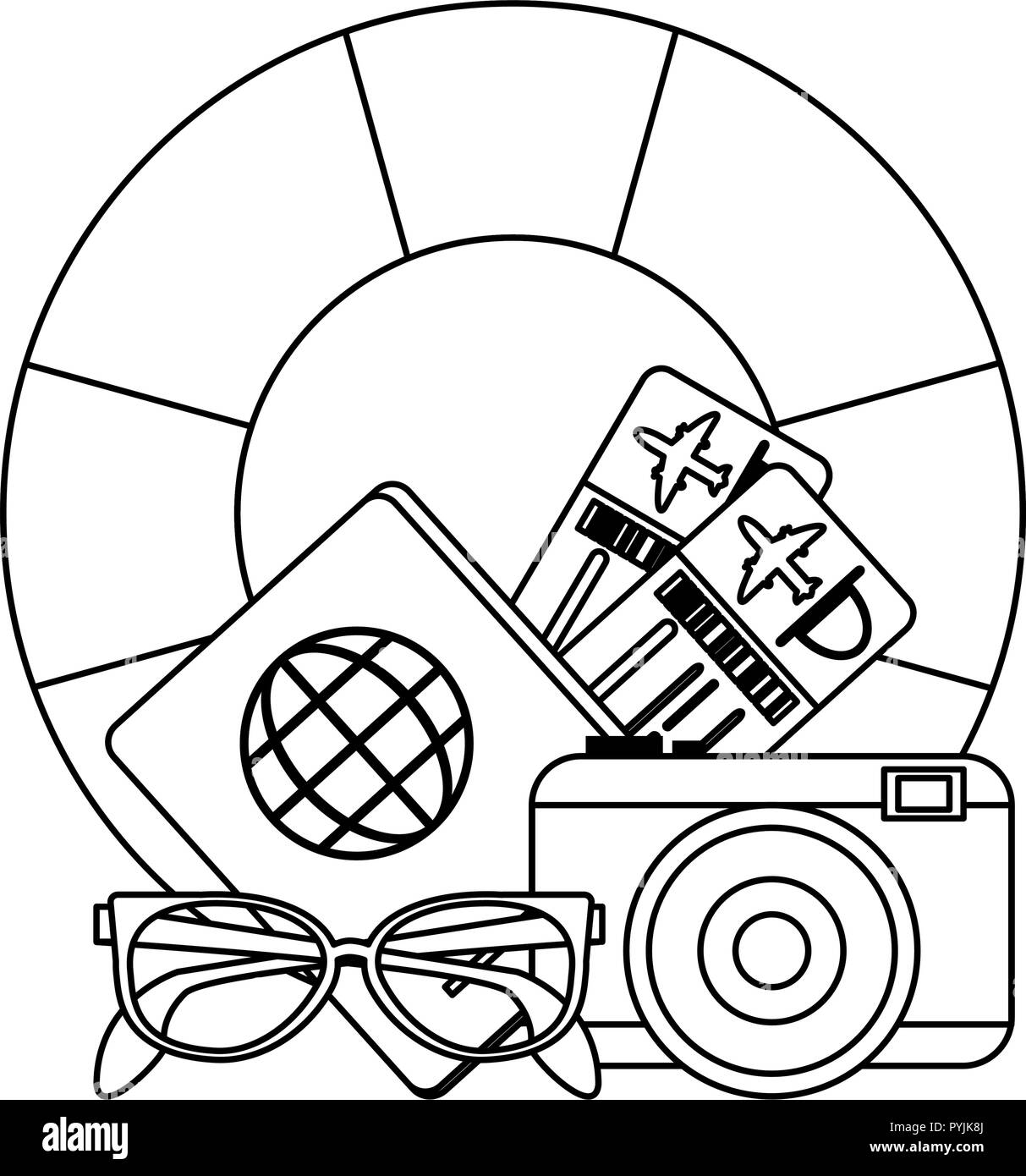 Pasaporte y billetes de avión con cámara y lentes de sol símbolos