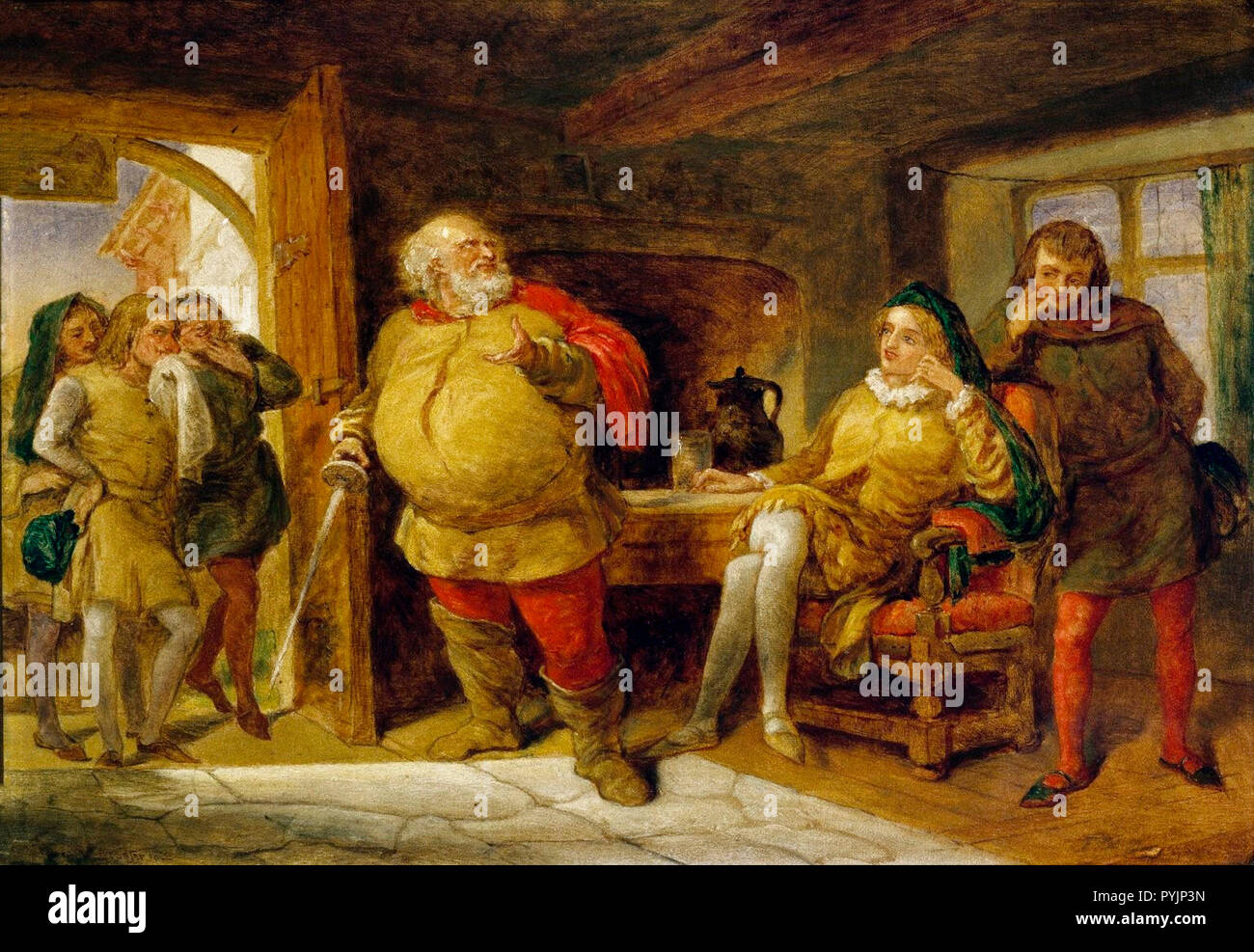 Peto, Bardolph y Gadshill a izquierda; Falstaff en el centro; Hal y Poins a la derecha en la Taberna de la cabeza del jabalí. Ilustración de Enrique IV, Parte 1, Acto 2, escena 4. Artista desconocido, c.1840 Foto de stock