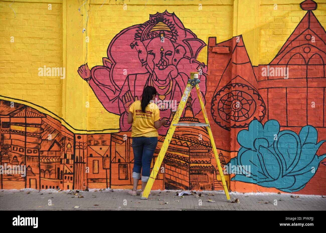Allahabad India 28 Oct 2018 Un Ciclista Pasan Cerca De Una