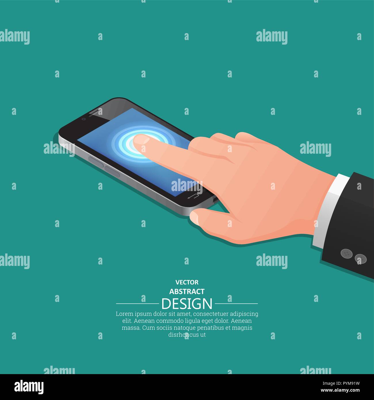 Dedo de la mano en la pantalla táctil del teléfono móvil similar al iPhone. Una ilustración vectorial en Estilo 3D isométrica. Ilustración del Vector