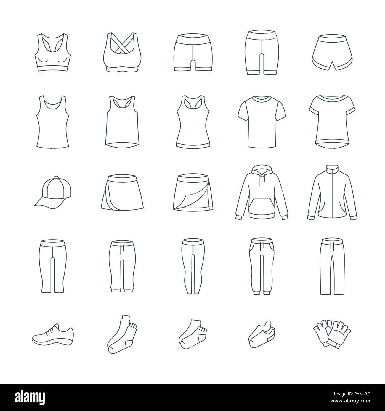 La mujer casual para fitness. Las prendas básicas para de ejercicios. Iconos de línea delgada de vectores. Esquema activo traje de niña. Estilo deportivo lineal Imagen Vector de stock -