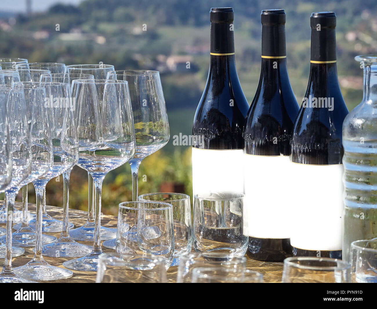 Botellas de vino y copas con la campiña de Langhe en el fondo. Langhe es un  famoso lugar de buenos vinos y alimentos en Italia Fotografía de stock -  Alamy