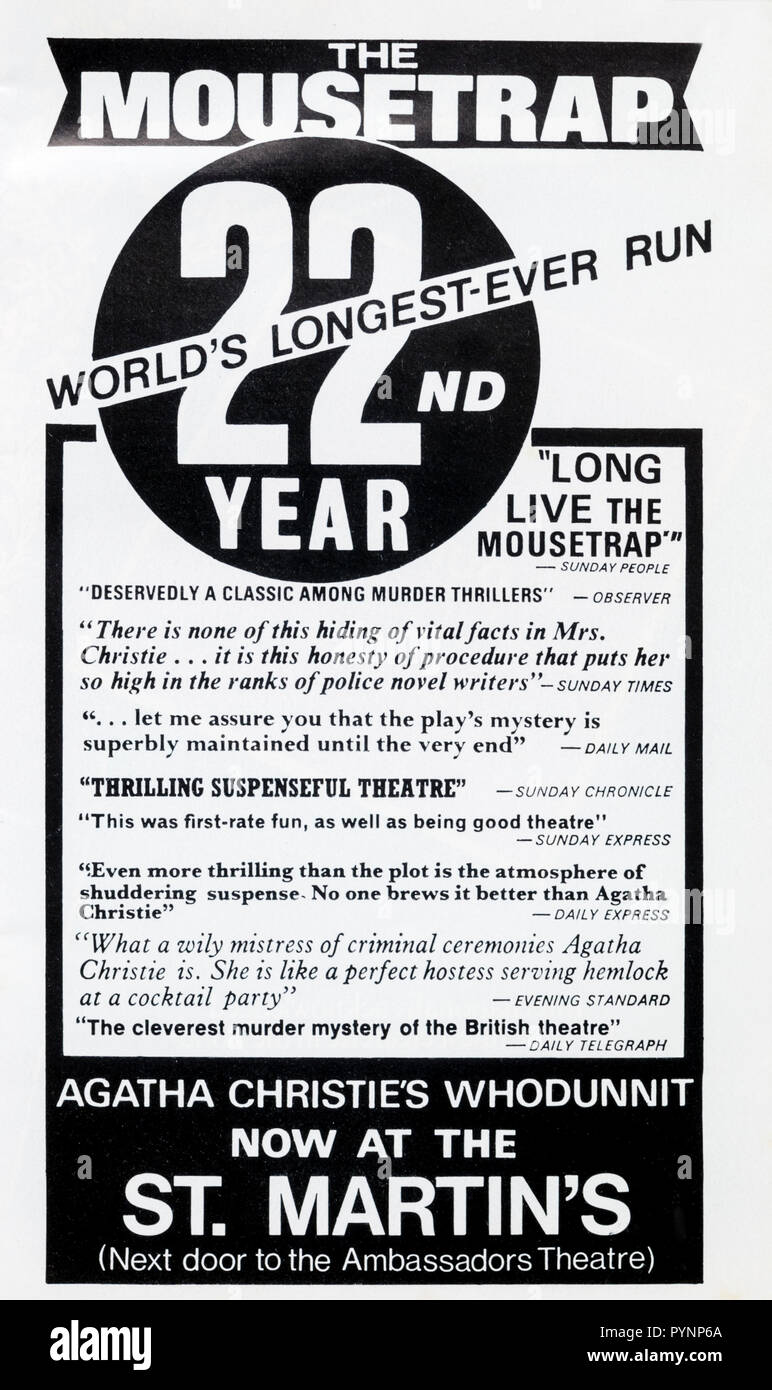 Un anuncio de 1974 para la ratonera en St Martin's Theatre. Foto de stock