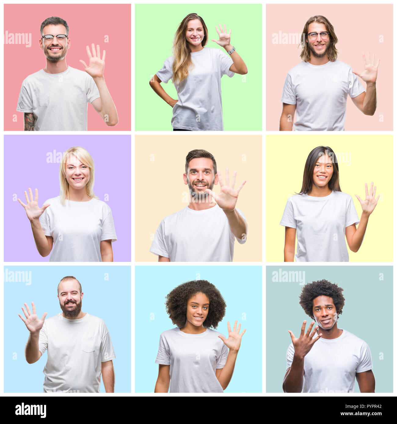 Collage de grupo de personas, hombres y mujeres a lo largo de coloridas mostrando antecedentes aislados y apuntando hacia arriba con los dedos el número cinco mientras sonríe confiado y Foto de stock