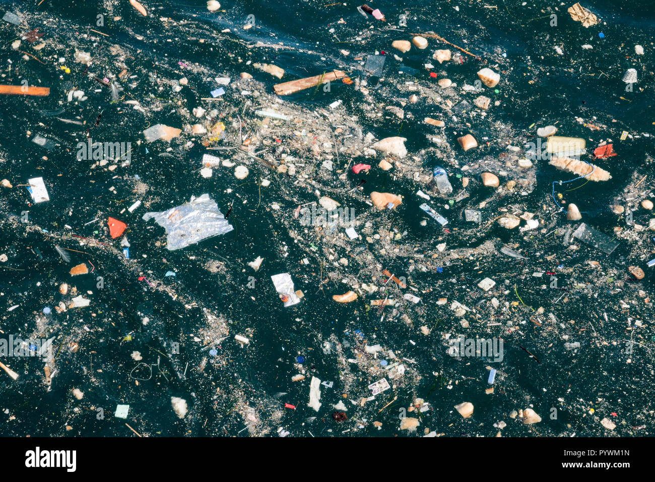 Los desechos plásticos, restos de comida y otros desechos que flotan en el Bósforo en Galata en Estambul, Turquía Foto de stock