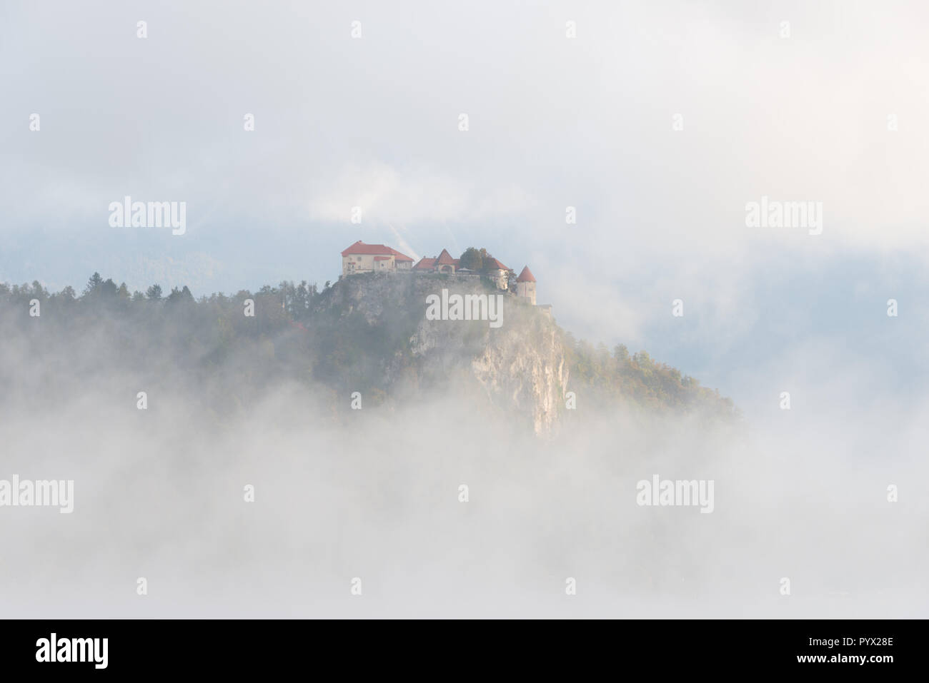 Castillo de Bled en un acantilado que domina el Lago Bled rodeado por las nubes y la niebla tierra creando la ilusión de que se construye en el cielo en Eslovenia. Foto de stock